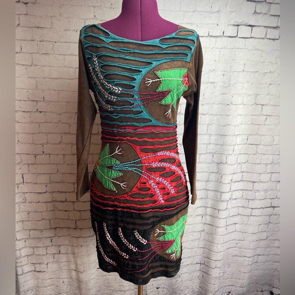 Rising International Olive Green Multi-Color Long Sleeve Embroidered Dress Small